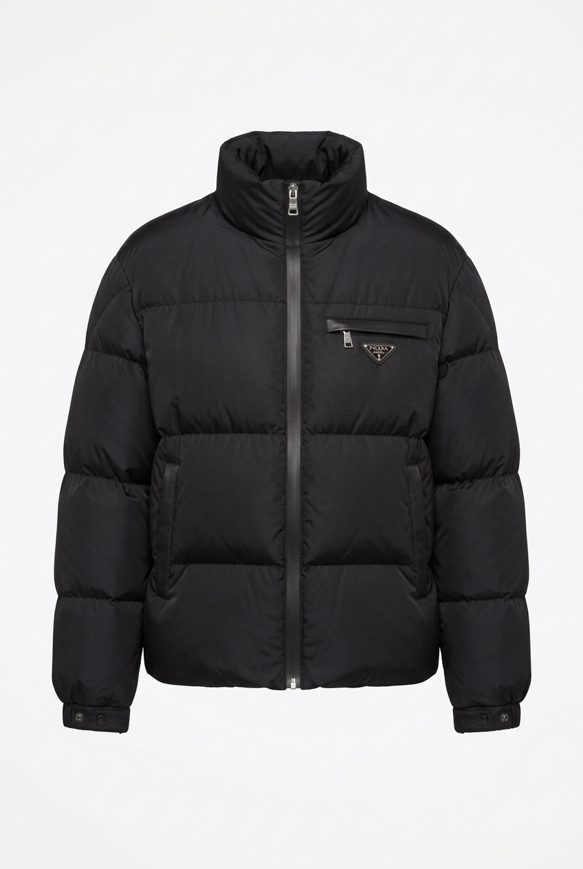 Black quilted puffer jacket, clean studio shot on white background