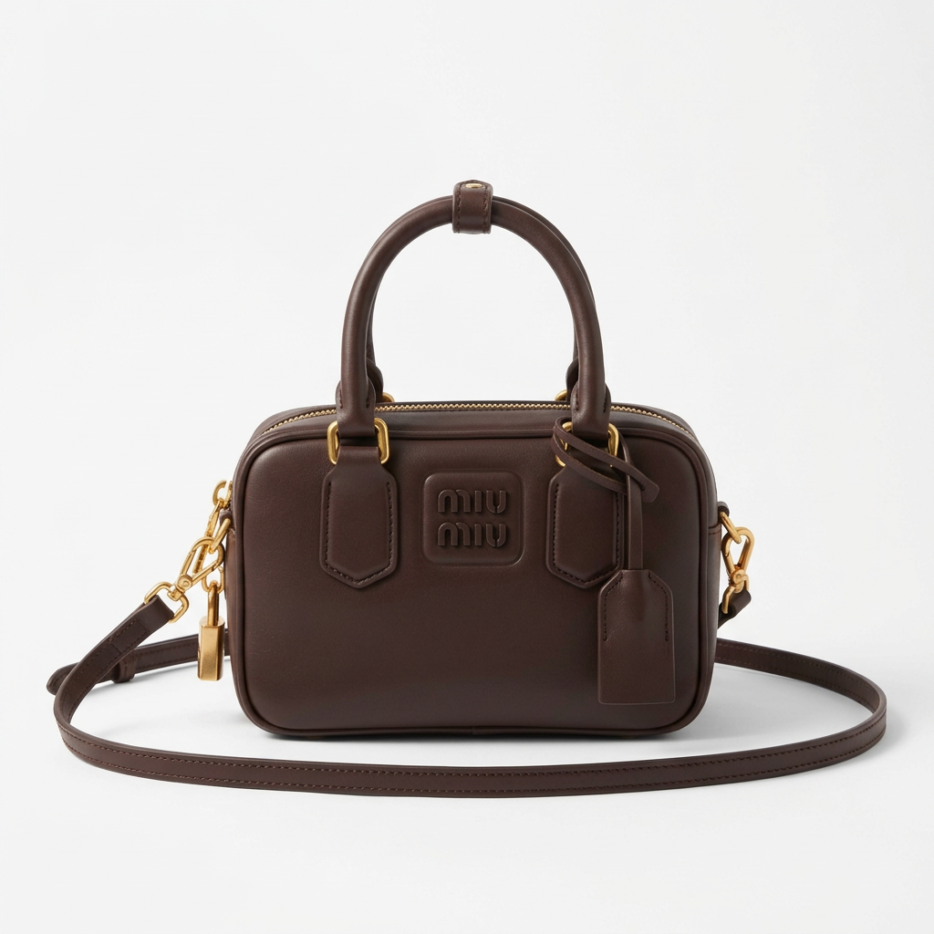 Dark brown mini boxy leather bag, studio shot on white background