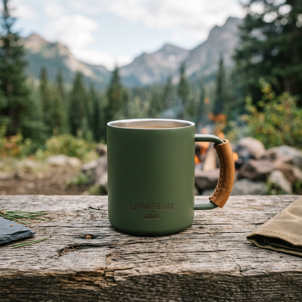 Premium Canvas Camp Mug in army green – Megoha Army outdoor lifestyle