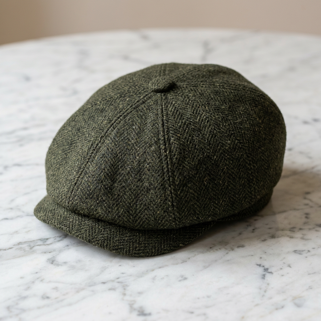 Herringbone Tweed Flat Cap in dark olive – Megoha Army luxury headwear