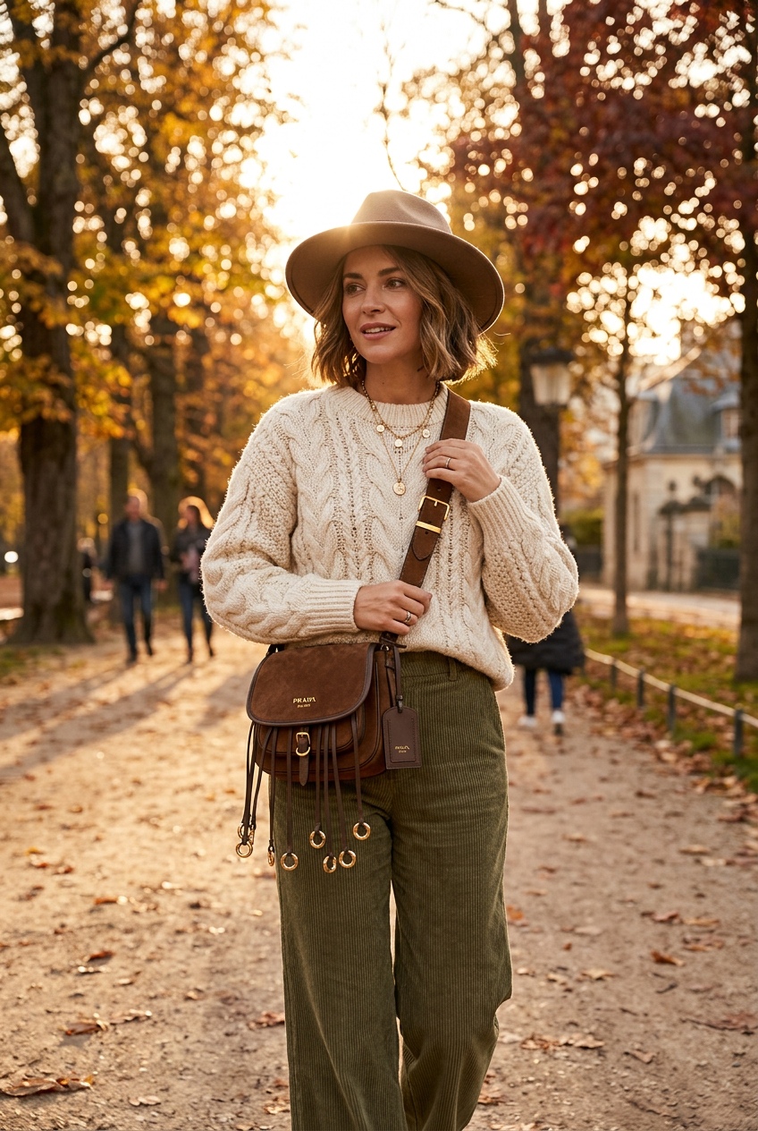 Tan suede saddle crossbody bag worn outdoors in warm autumn light