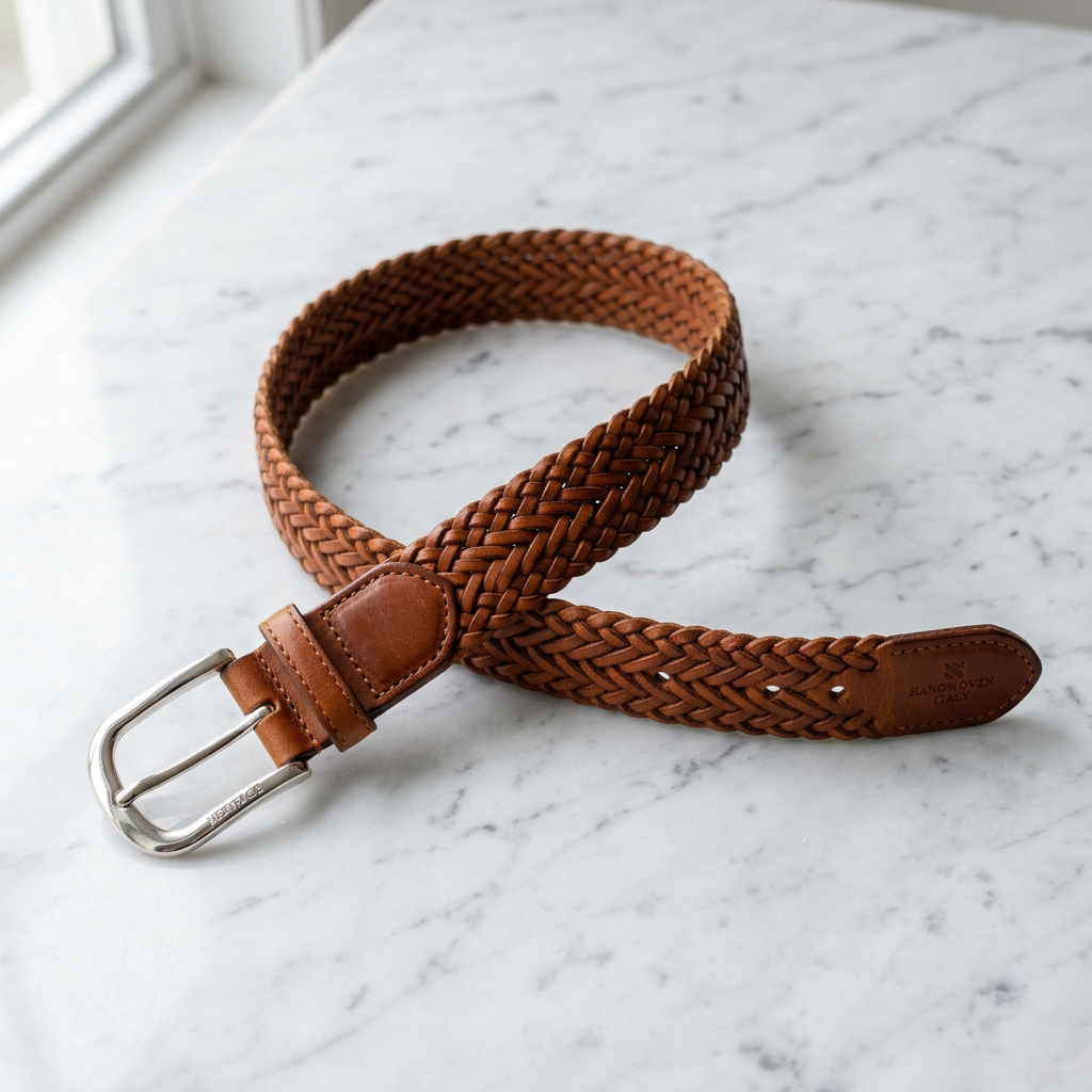 Woven Leather Belt in cognac tan – Megoha Army luxury accessories