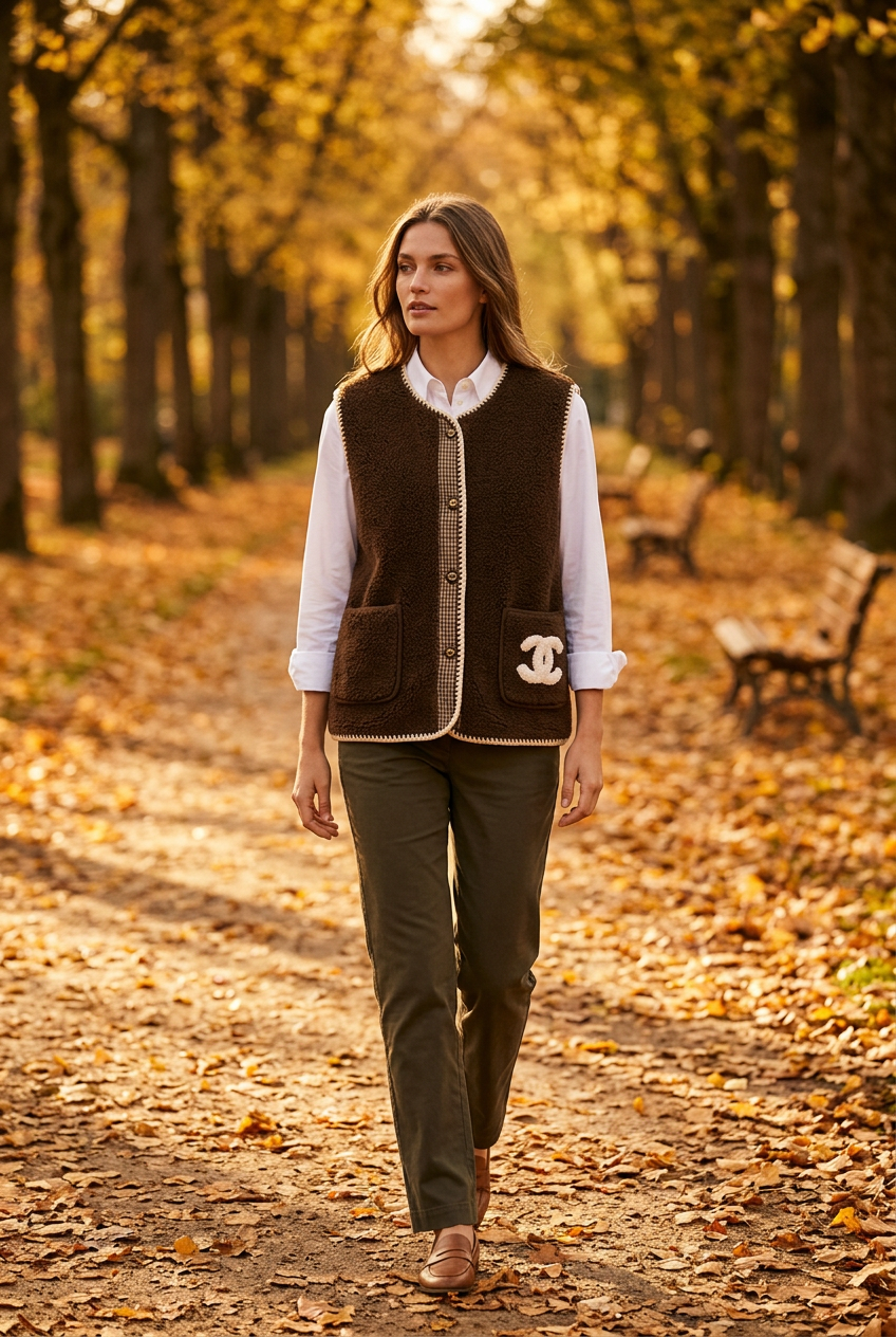 Dark brown textured knit vest styled on a woman outdoors in autumn light