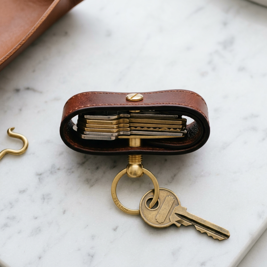 Slim Leather Key Organiser in cognac – Megoha Army luxury everyday carry
