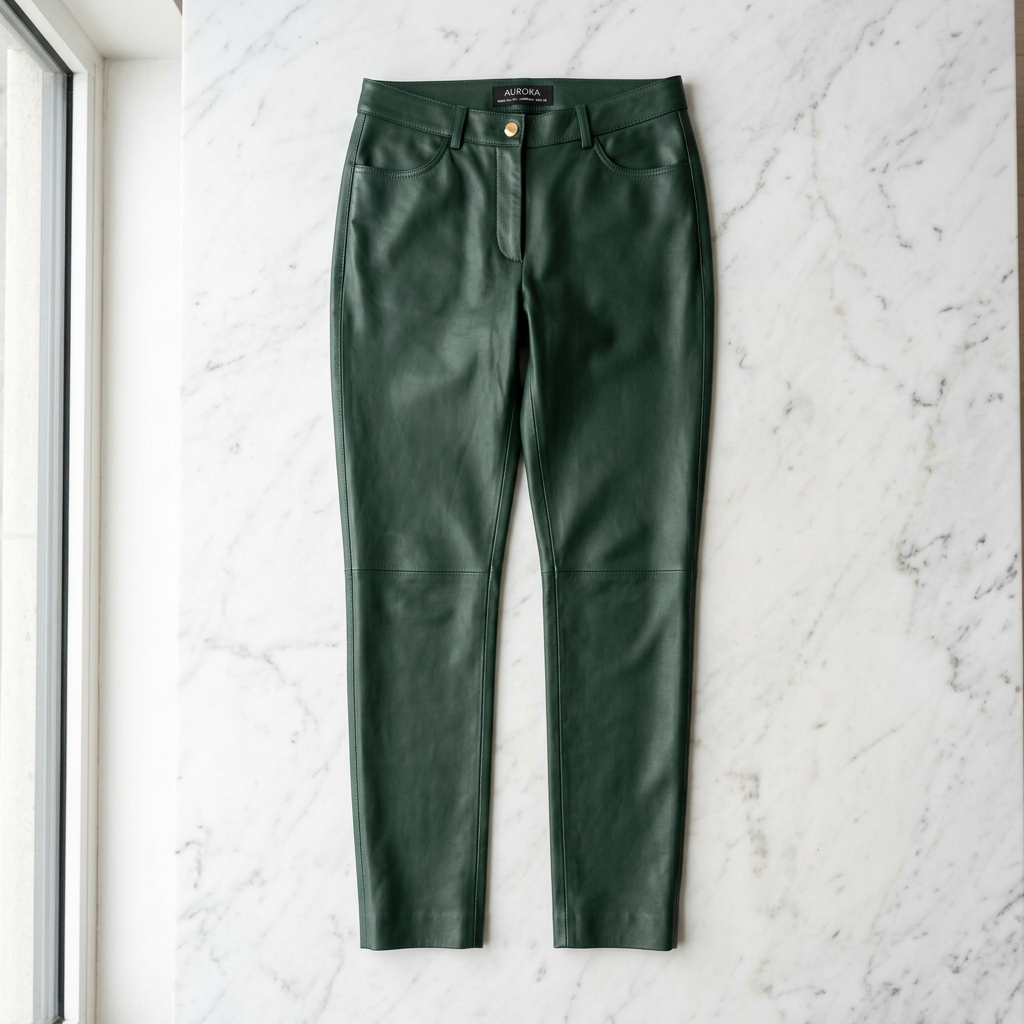 Slim Fit Leather Trousers in forest green – Megoha Army luxury womenswear