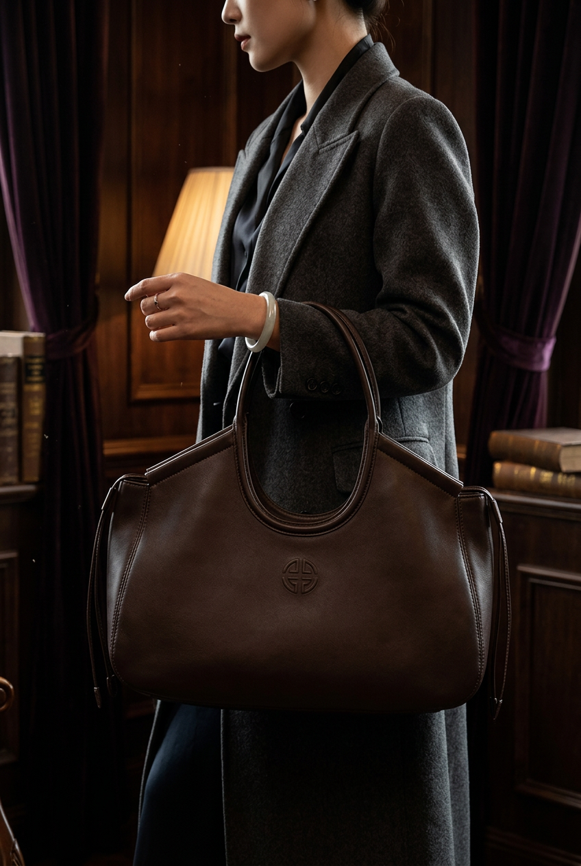 Brown soft leather hobo tote bag carried by a stylish woman in an elegant indoor setting