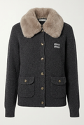 AI-generated studio view of charcoal knit jacket with taupe plush collar
