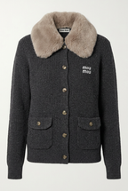 AI-generated studio view of charcoal knit jacket with taupe plush collar