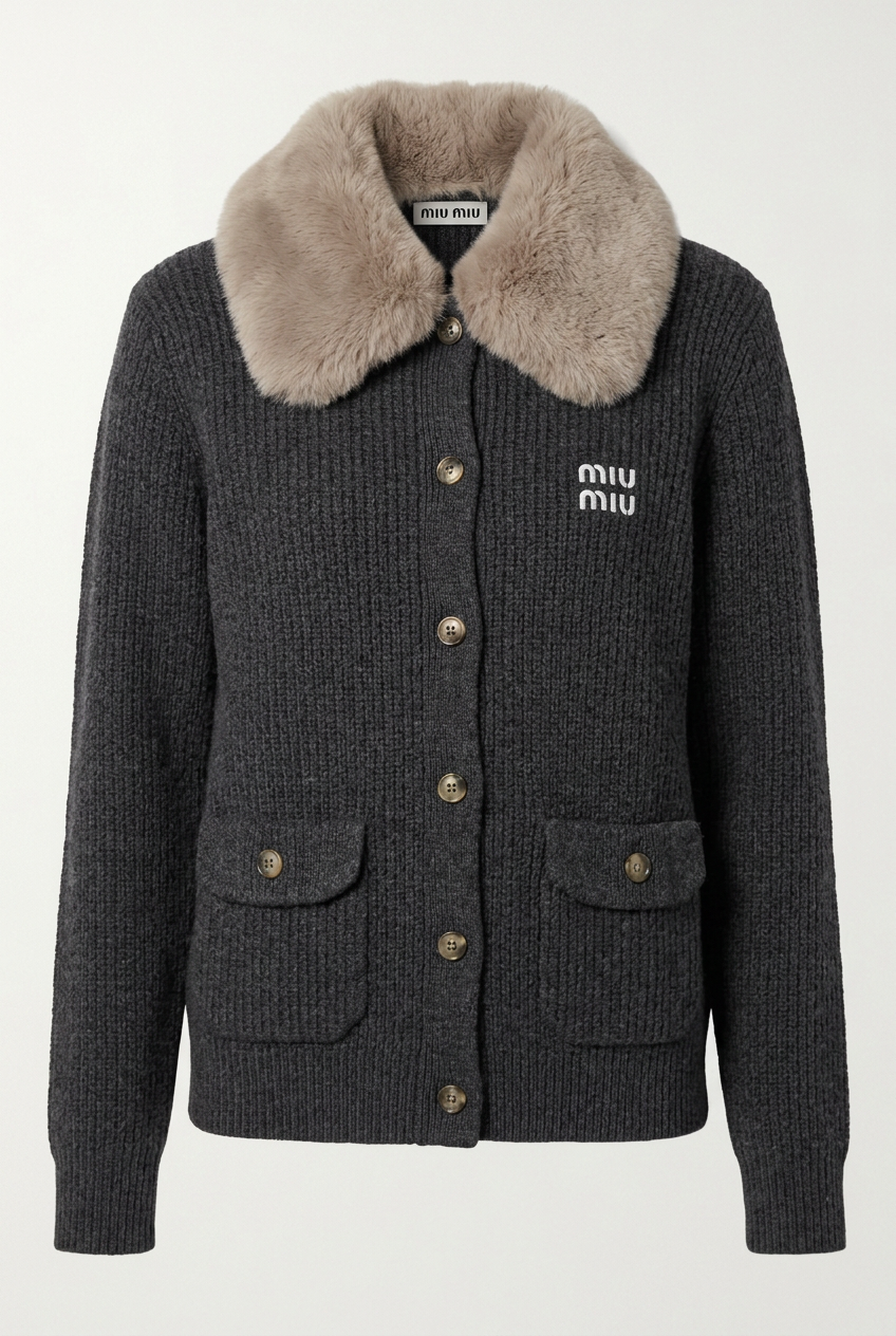 AI-generated studio view of charcoal knit jacket with taupe plush collar