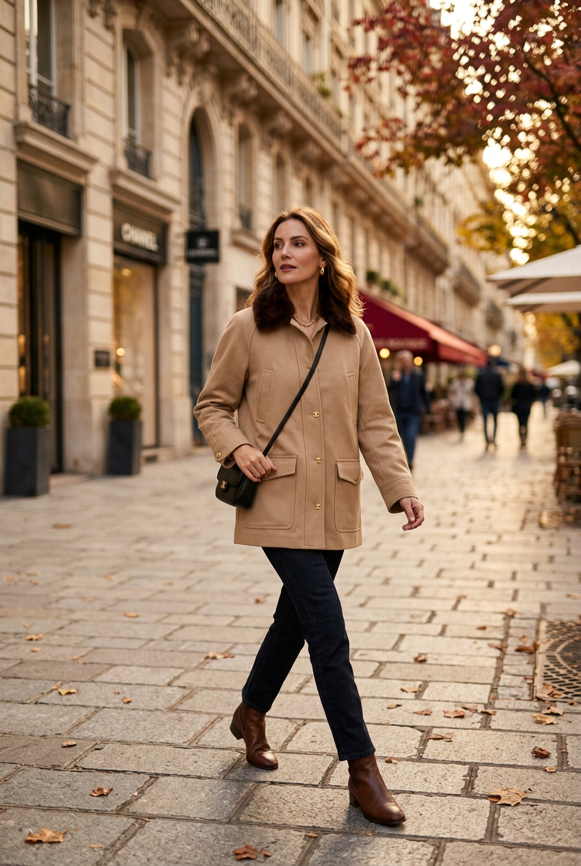 Beige wool jacket with dark fur collar worn by a woman on an elegant autumn city street