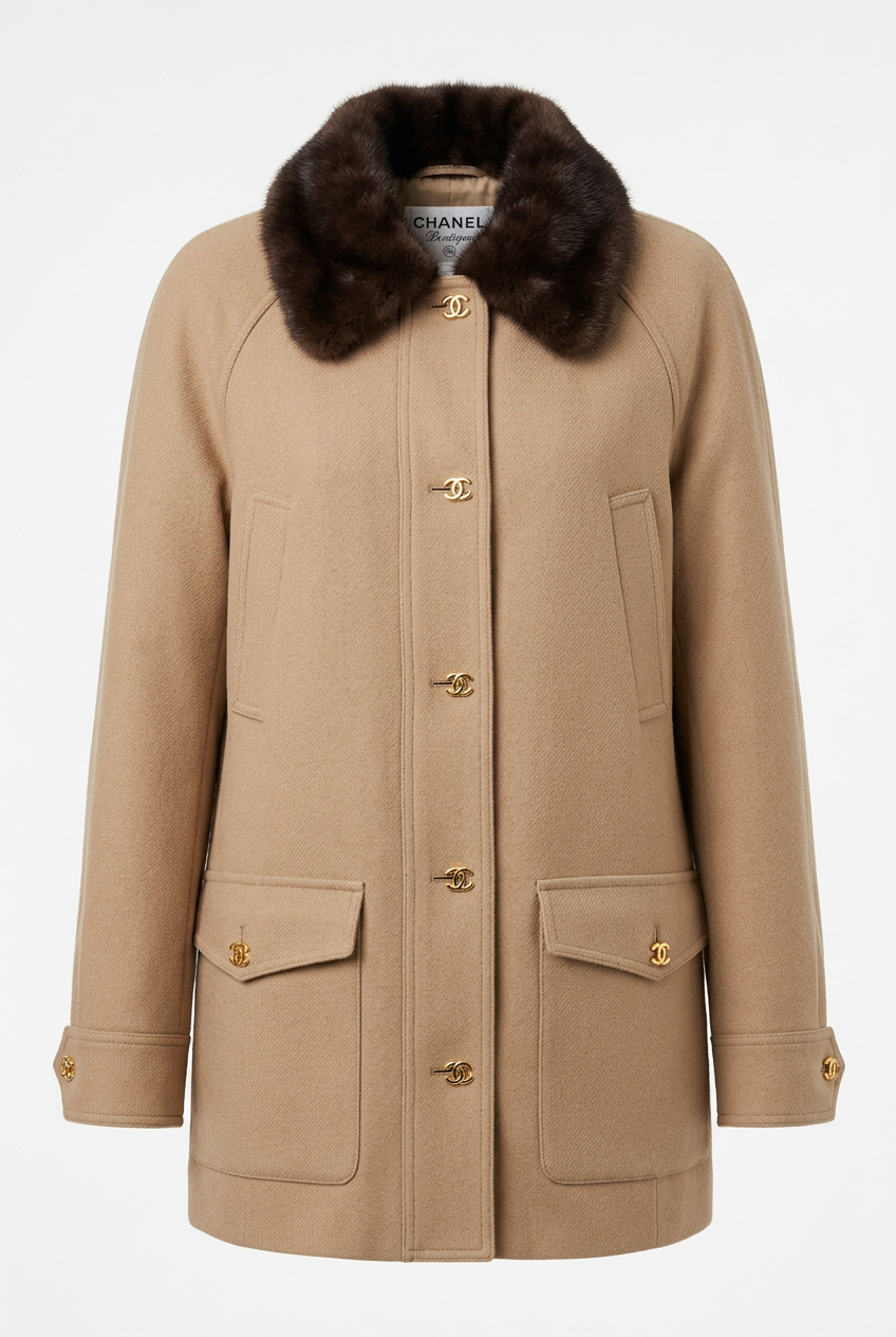 Beige wool jacket with dark fur collar and gold buttons, studio shot on white background