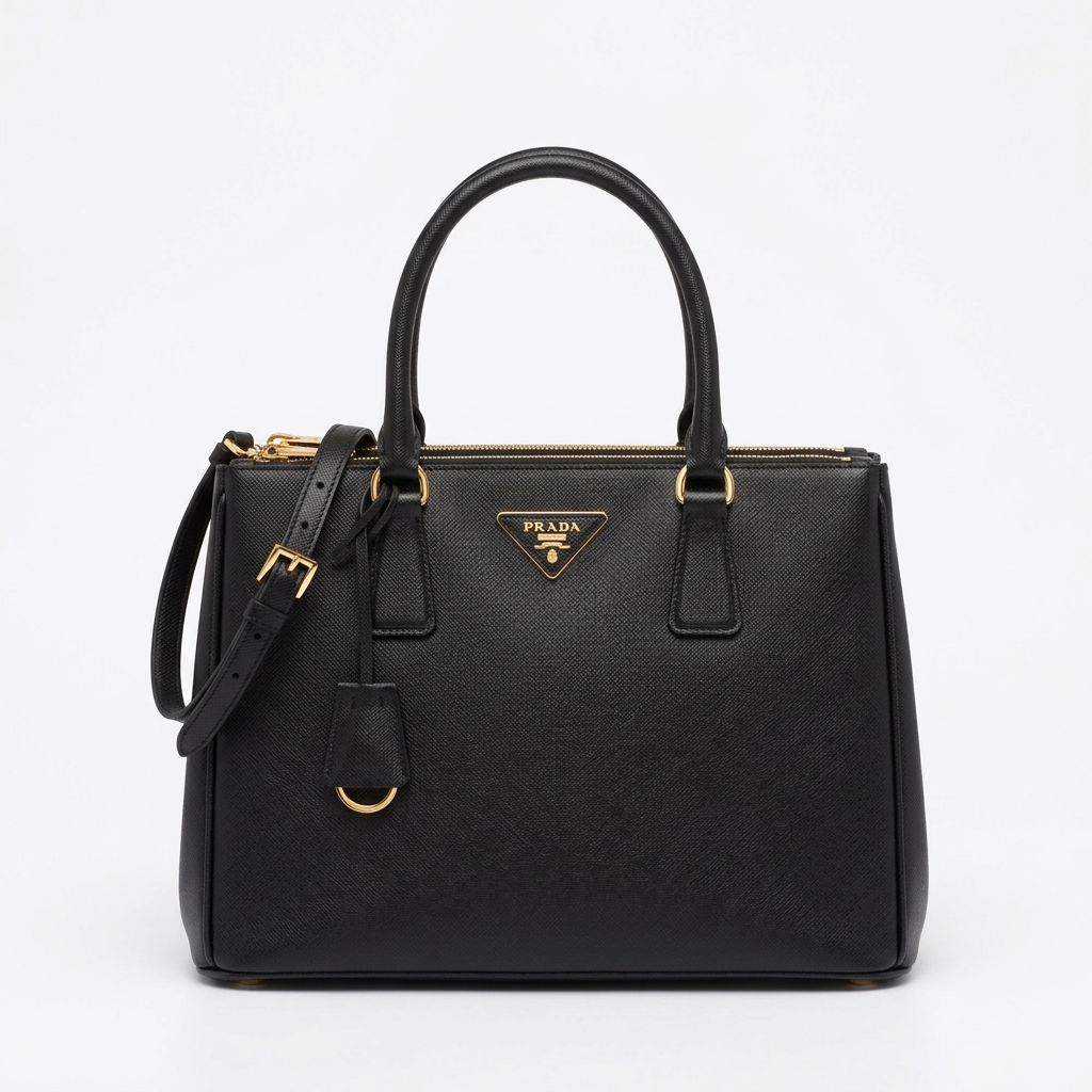 Black saffiano leather tote bag with gold hardware, studio shot on white background