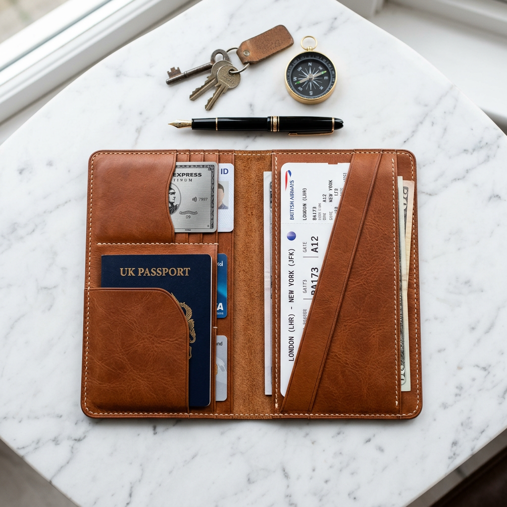 Leather Travel Document Organiser in cognac tan – Megoha Army luxury travel gear