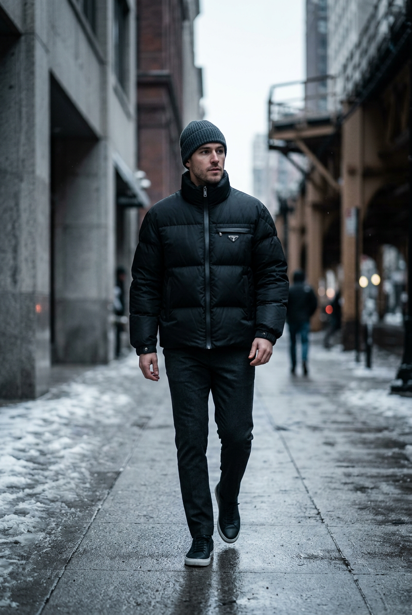 Black quilted puffer jacket worn by a stylish man on a winter city street