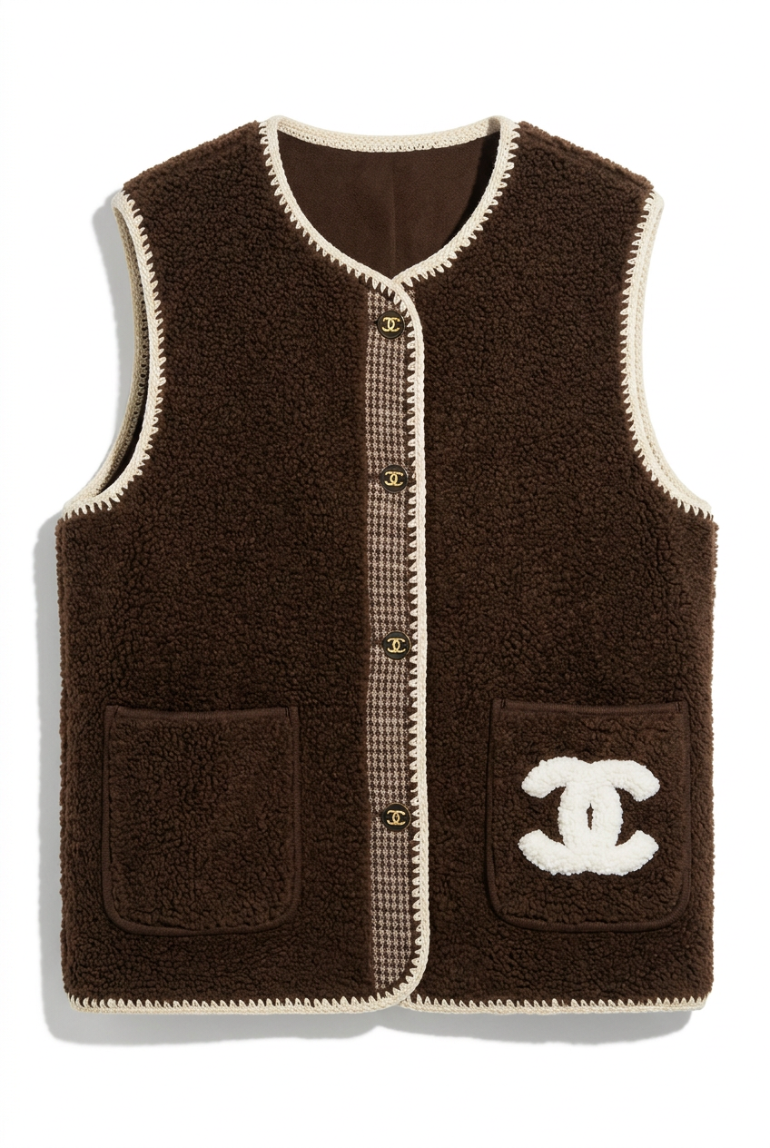 Dark brown textured knit vest with cream crochet trim, studio shot on white background