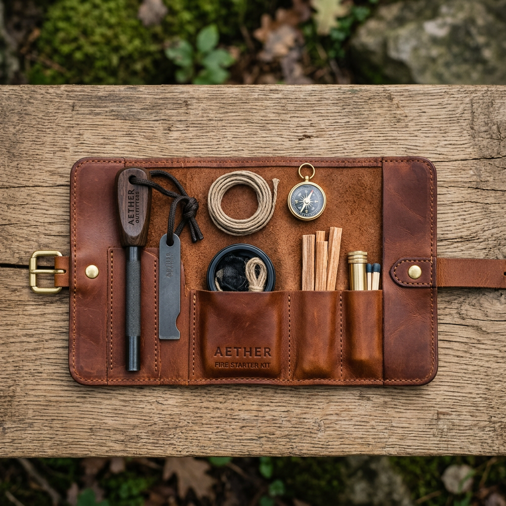 Leather Fire Starter Roll Kit in dark tan – Megoha Army outdoor lifestyle